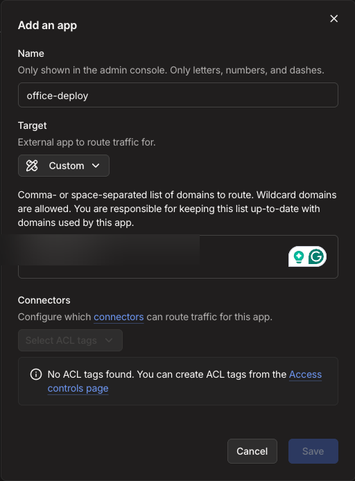 Add an app — no ACL tags yet